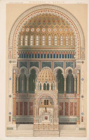Neue Synagoge, Berlin: Schnitt durch die Apsis (aus: Atlas zur Zeitschrift für Bauwesen, hrsg. v. G. Erbkam, Jg. 18, 1868)