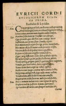Euricii Cordi Bucolicorum Ecloga Prima.