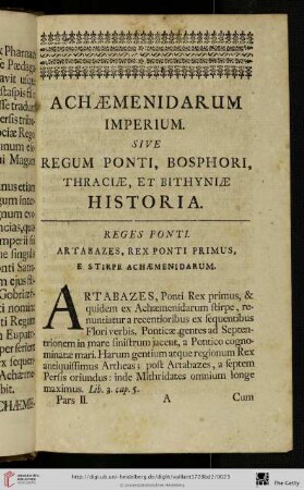 Reges Ponti. Artabazes, Rex Ponti Primus, e stirpe Archaemenidarum
