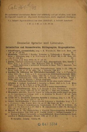Verzeichniss des antiquarischen Bücherlagers von M. Spirgatis, Buchhandlung und Antiquariat Leipzig. 49. 1897