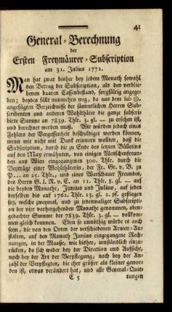 General-Berechnung der Ersten Freymäurer-Subscription am 31. Julius 1772.