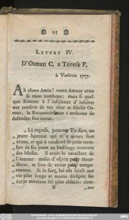 Lettre IV. D'Osman C. a Térese P. à Varsovie 1777.