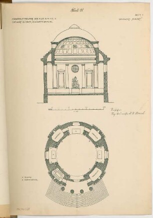 Gedächnishalle Monatskonkurrenz Februar 1916: Grundriss, Querschnitt 1:100; Maßstabsleiste