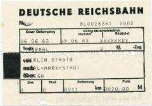 Fahrkarte der Deutschen Reichsbahn für eine Fahrt von Berlin nach Karl-Marx-Stadt