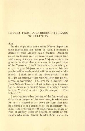 Letter from archbishop Serrano to Felipe IV