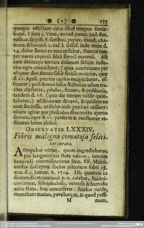 Observatio LXXXIV. Febria maligna comatosa feliciter curata