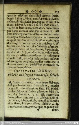 Observatio LXXXIV. Febria maligna comatosa feliciter curata
