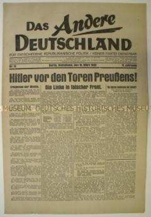 Pazifistische Wochenzeitung "Das Andere Deutschland" zum Ausgang der Reichspräsidentenwahl (1. Wahlgang)
