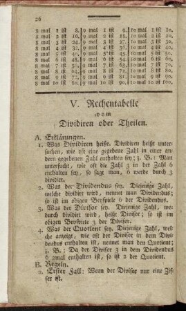 V. Rechentabelle vom Dividiren oder Theilen.