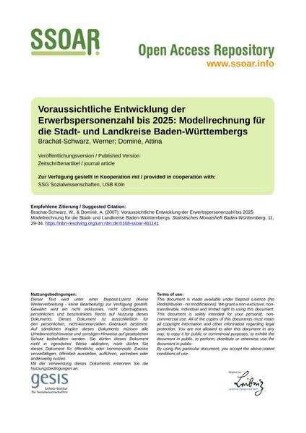 Voraussichtliche Entwicklung der Erwerbspersonenzahl bis 2025: Modellrechnung für die Stadt- und Landkreise Baden-Württembergs