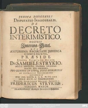 Disputatio Inauguralis. De Decreto Interimistico, Nostris Interims-Mittel