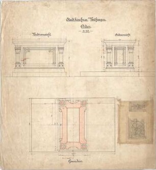 Dolmetsch, Heinrich; Vaihingen / Enz; Ev. Pfarrkirche, Restaurierung - Altar (Grundriss, Ansichten); Ornamentik (Details)