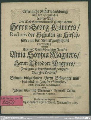Glückwunschung auff den hochzeitlichen Ehren-Tag Georg Kärners