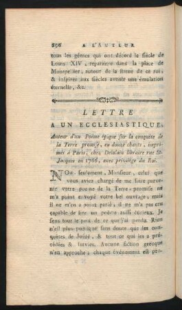 Lettre A Un Ecclesiastique, Auteur d'un Poeme épique sur la conquête de la Terre promise, ...