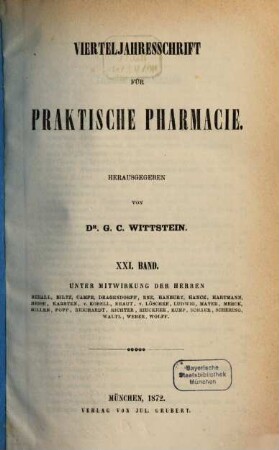 Vierteljahresschrift für praktische Pharmacie. 21, 21. 1872