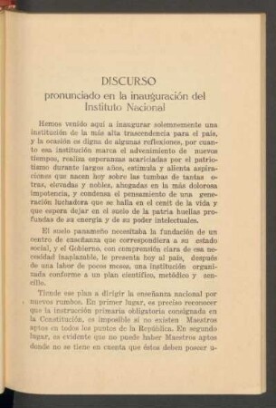 Discurso pronunciado en la inauguración del Instituto Nacional