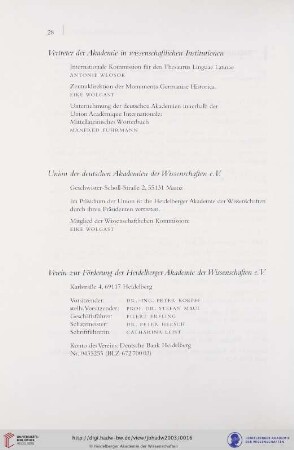 Vertreter der Akademie in wissenschaftlichen Institutionen / Union der deutschen Akademien der Wissenschaften / Verein zur Förderung der Heidelberger Akademie der Wissenschaften