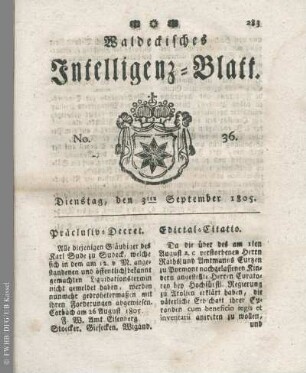 No. 36, Dienstag, den 3ten September 1805