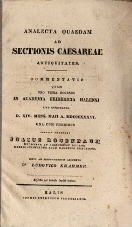 Analecta quaedam ad sectionis caesareae antiquitates : commentatio ; adiecta est tabula lapidi incisa