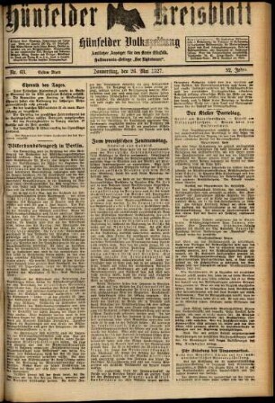 Erste Ausgabe vom Donnerstag, den 26. Mai 1927.