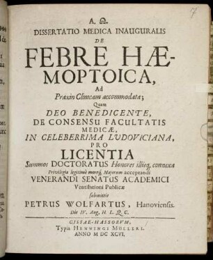 Dissertatio Medica Inauguralis De Febre Haemoptoica : Ad Praxin Clinicam accommodata