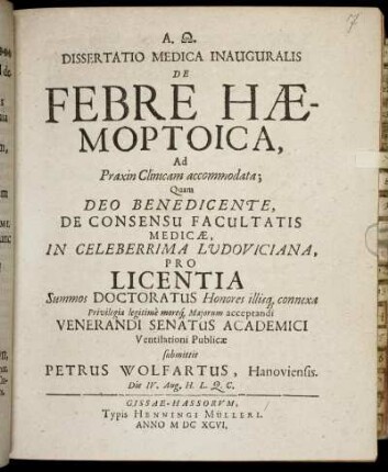 Dissertatio Medica Inauguralis De Febre Haemoptoica : Ad Praxin Clinicam accommodata