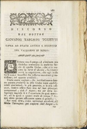 Discorso Del Dottor Giovanni Targioni Tozzetti Sopra Lo Stato Antico E Moderno Del Valdarno Di Sopra.