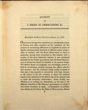 Account of observations of 1815 for the purpose of determining the difference of the Meridians of the Royal observatories of Greenwich and Paris