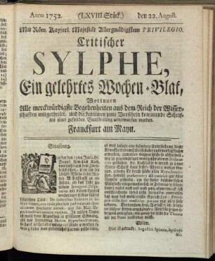 (LXVIII. Stück.) den 22. August. Anno 1752.