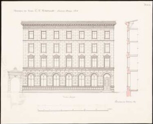 Wohnhaus Hildebrandt mit Gaststätte, Breslau: Aufriss Vorderansicht, Teilschnitt, Maßstabsleisten (einer davon Fuß rhl.)