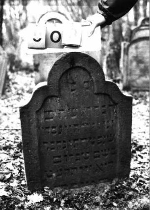 Grabstein 909 (Index: 99753226) Material: Sandstein Zustand: gut, Stele eingesunken Maße HxBxT: 73x56x8 cm Beschreibung: Stele, geschwungen eingezogener Rundbogenabschluß, Schriftfeld eingetieft: Grabstein 909