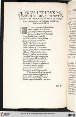Petrus Lepidus Metensis, regiorum negotiorum summus procurator apud mediomatricos, virdunense, & Rullienses, in effigiem Iani Iacobi Boissardi