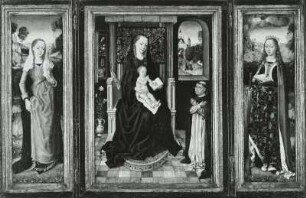Flügelaltärchen: Marienaltar. Außen: Verkündigung. Innen: Mitte: Maria mit Kind und Stifter. Links: Hl. Magdalena?. Rechts: Hl. Katharina