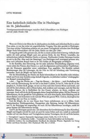 Eine katholisch-jüdische Ehe in Hechingen im 16. Jahrhundert. Vermögensauseinandersetzungen zwischen Karle Schweickhart von Hechingen und der Jüdin Henlin 1566.