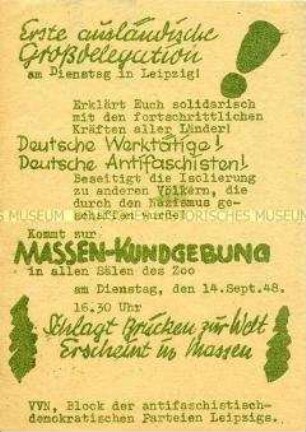 Einladung der VVN und des Demokratischen Blocks Leipzig zur Massenkundgebung am 14.09.1948 anlässlich des Eintreffens der ersten ausländischen Großdelegation nach Kriegsende