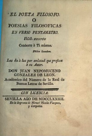 El Poeta Filosofo O Poesias Filosoficas En Verso Pentametro, [1]