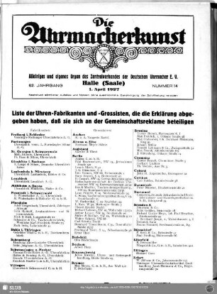 Liste der Uhren-Fabrikanten und -Grossisten, die die Erklärung abgegeben haben, daß sie sich an der Gemeinschaftsreklame beteiligen