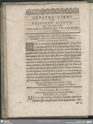 Censura Libri, Ex Amicorum Literis, In Gratiam Lectoris Simul Ac Typographi, Collecta