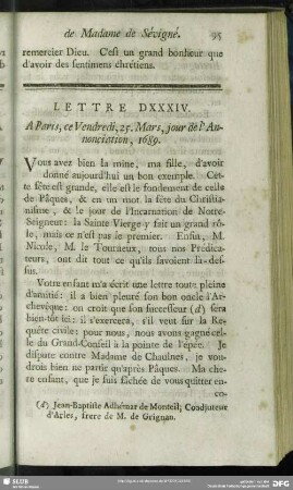 Lettre DXXXIV. A Paris, ce Vendredi, 25. Mars, jour de l`Annonciation, 1689