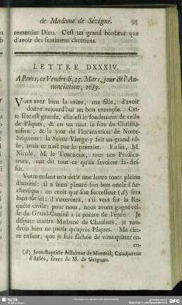 Lettre DXXXIV. A Paris, ce Vendredi, 25. Mars, jour de l`Annonciation, 1689