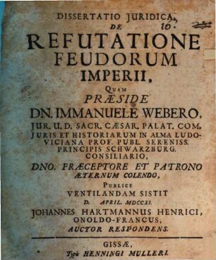 Dissertatio Juridica, De Refutatione Feudorum Imperii