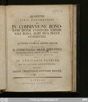 Quaestio Ivris Controversi An In Commvnione Bonorvm Inter Conivges Vniversali Bona Alibi Sita Fiant Commvnia