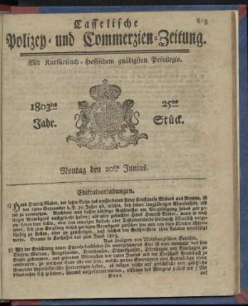 25tes Stueck, Montag den 20ten Junius 1803