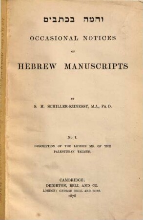 Occasional Notices of Hebrew Manuscripts, 1