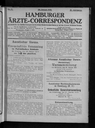 Altonaer Aerztlicher Verein. (Voranzeige). Versammlung am Mittwoch, den 30. Januar 1918 abends 8 Uhr pünktlich im Städtischen Krankenhause.