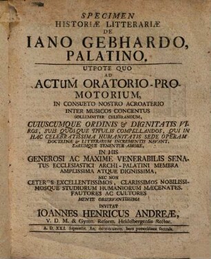Specimen Historiæ Litterariæ De Iano Gebhardo, Palatino