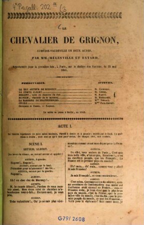 Le chevalier de Grignon, comédie-vaudeville en deux actes : représentée pour la première fois, à Paris, sur le théâtre des Variétés, le 28 mai 1844