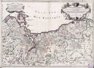 Le Duché de Poméranie ; compris sous le Cercle de la Haute-Saxe divisé suivant qu'il est présentement partagé entre la Couronne de Suède et l'Eslecteur de Brandebourg, où sont les Duchés de Poméranie, de Stettin, de Wolgast, de Bardt, de Cassubie et de Vandalie, la Principauté et Isle de Rugen, le Comté de Gutzkow, les Seigneuries de Louwenborch et de Butow