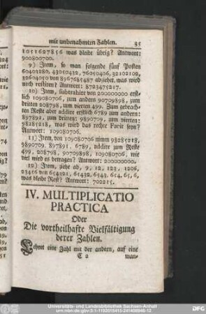 IV. Multiplicatio Practica Oder Die vortheilhafte Vielfältigung derer Zahlen.