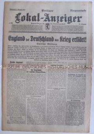 "Berliner Lokal-Anzeiger" zur Kriegserklärung Englands an Deutschland